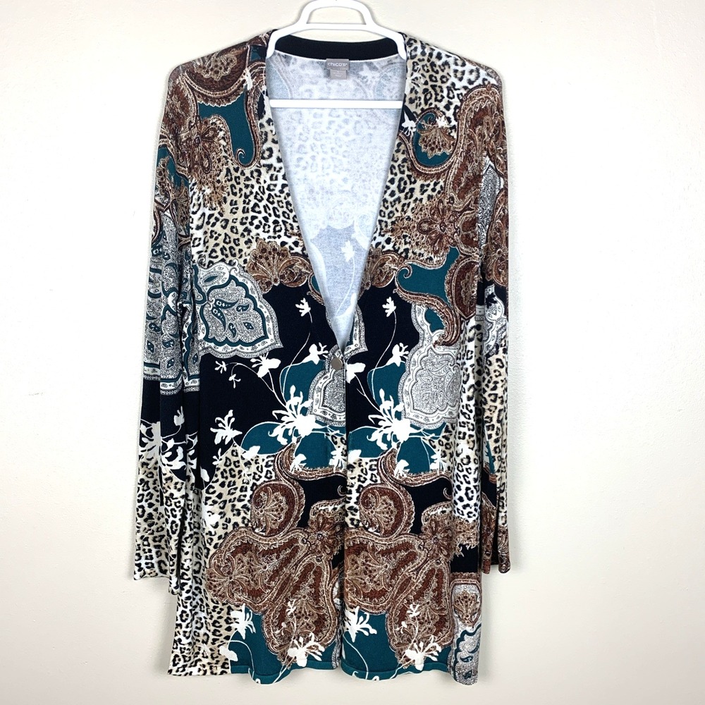 Chicos Cardigan Sweater Size XXL 4 Paisley Animal Print Long Boho Old Money Fall